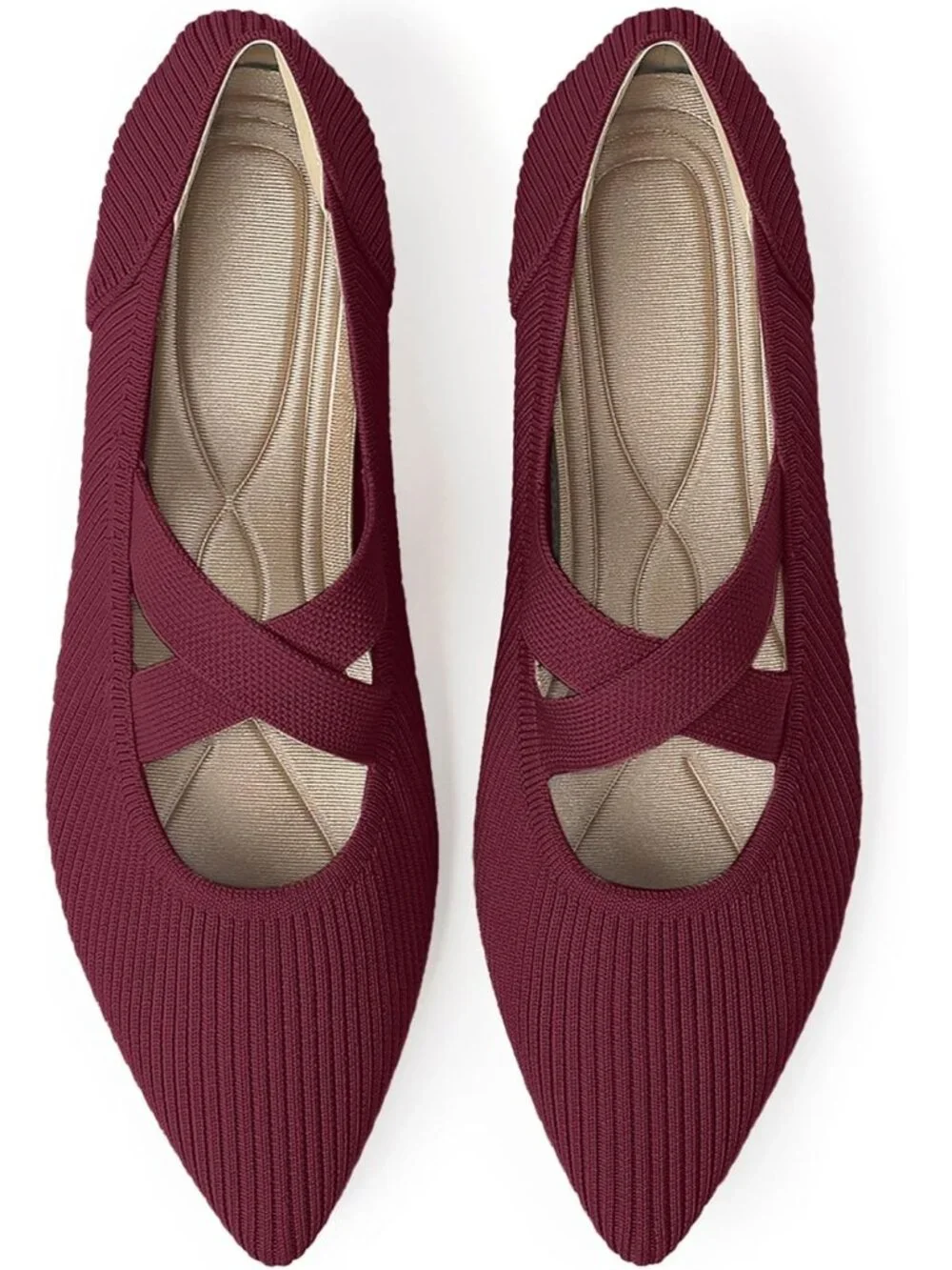 Women's Red Pointed Toe Comfortable Mary Jane Slip-On Knit Ballet Flat Shoes